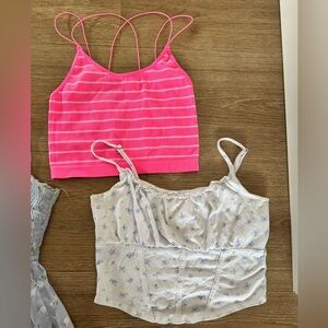 Hollister Floral & Bright Pink Ribbed Double-Strap Crop Top Set